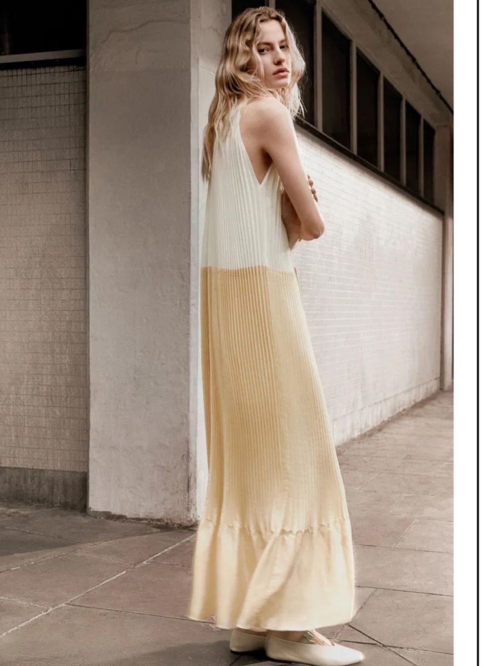 COS Two-Tone Pleated Halter Maxi Dress in Cream and Butter Yellow
